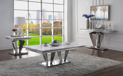 Satinka Coffee Table, Light Gray Printed Faux Marble & Mirrored Silver Finish