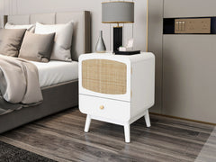 White Nightstand, Bedside Table with Storage Drawe/ Rattan Door