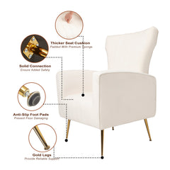 Velvet Accent Wingback Arm Chair with Gold Legs - White