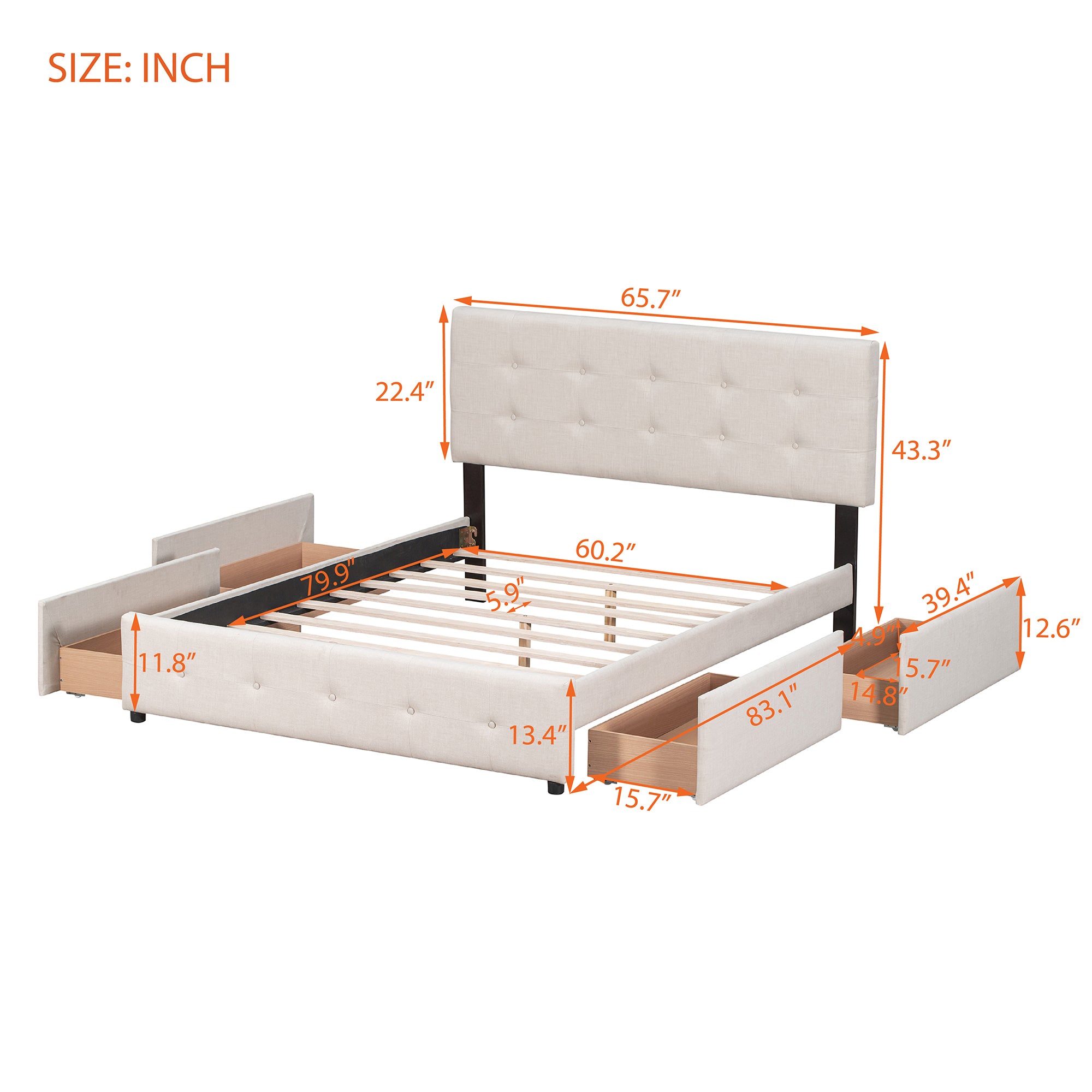 Queen Bed with Classic Headboard and 4 Drawers - Beige