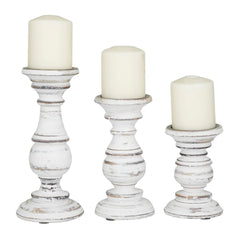 Turned Design Wooden Candle Holder with Distressed Details (Set of 3) - White