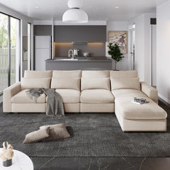 Modern Large L-Shape Feather Filled Sectional Sofa, Convertible Sofa Couch with Reversible Chaise - Beige