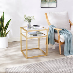 Side Table Tempered Glass Top, Nightstand with Shelf, 2-Tier End Table, Small Coffee Accent Table, Bedside Table for Small Space, Bedroom, Living Room, Gold Metal Reversable White Marble and Black