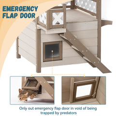 Cat House Outdoor Indoor with Durable PVC Roof, Escape Door, Curtain and Stair, 2 Story Design Perfect for Multi Cats