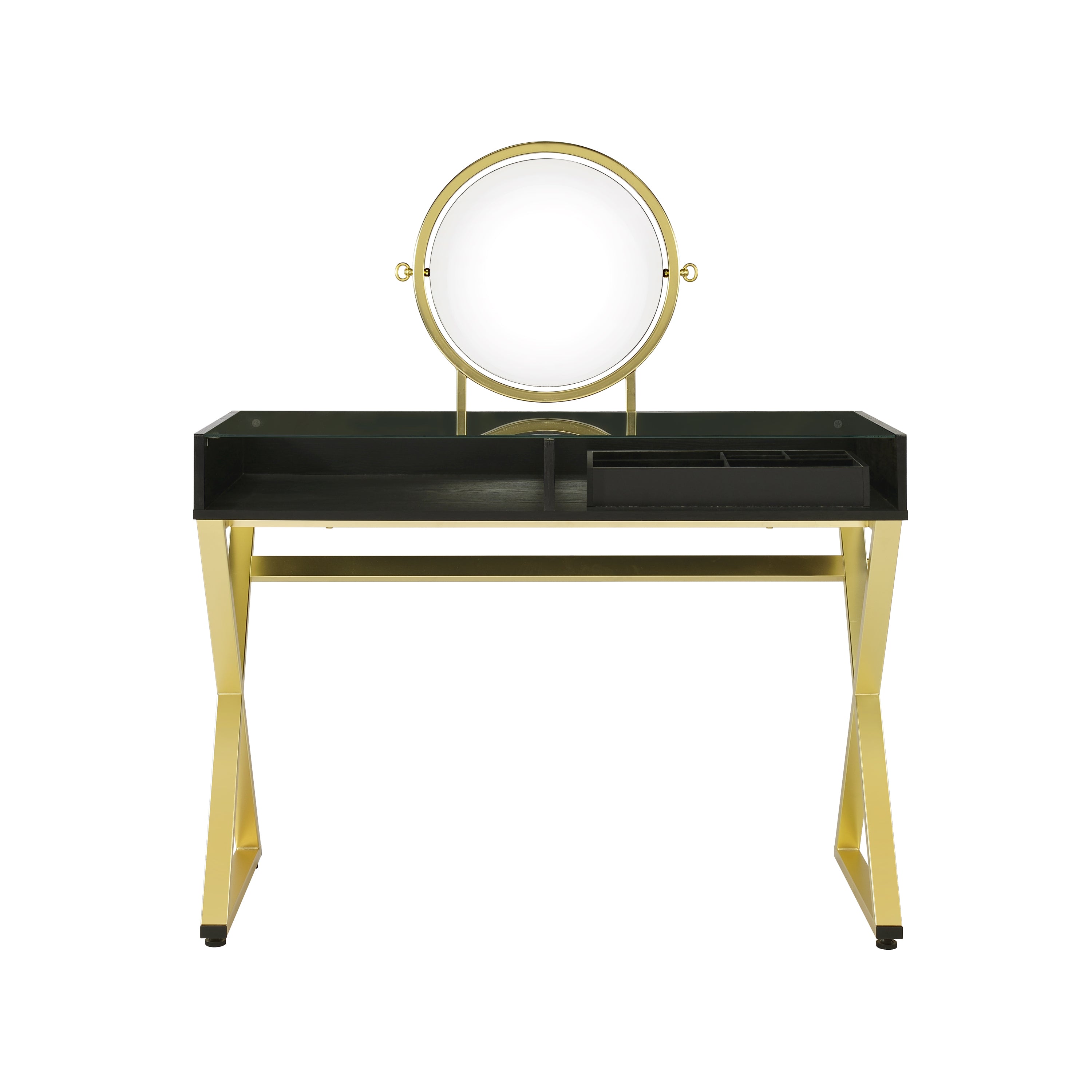 Vanity Desk w/Mirror & Jewelry Tray -  Black & Gold Finish