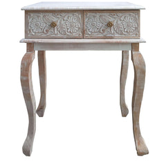 Farmhouse Style 2 Drawer Mango Wood Console Table with Floral Carved Front