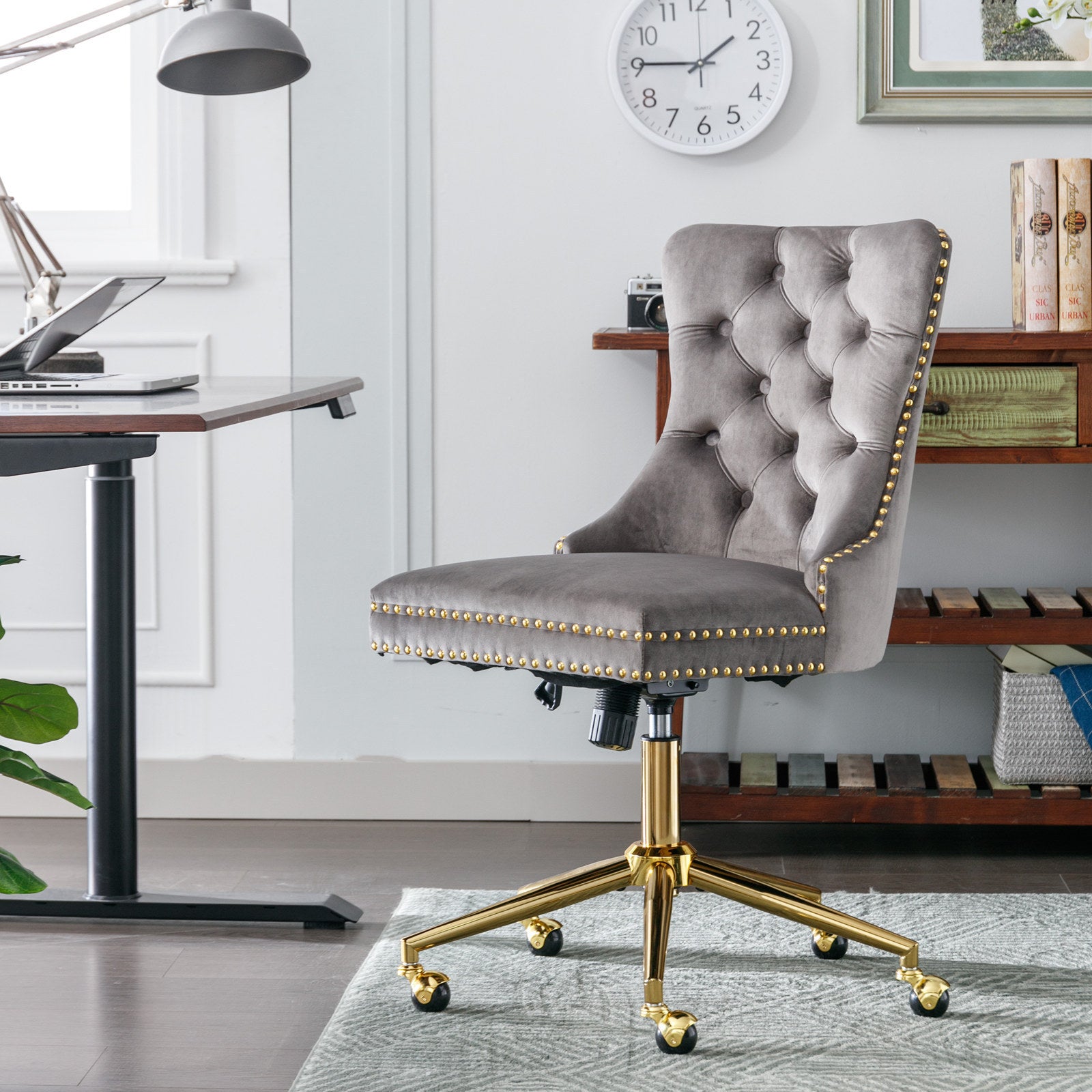 Velvet Upholstered Tufted Button Home Office Chair with Golden Metal Base - Grey