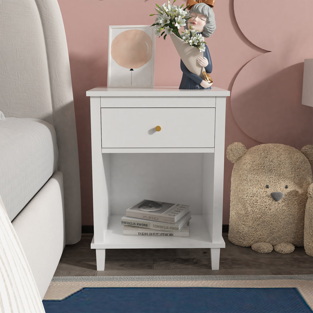 Wooden Nightstand with One Drawer One Shelf for Kids - White