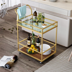 Serving cart, Rolling Bar or Cart for Tea or Cocktail, 2-Tiered Glass and Metal - Gold