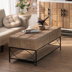 Small Grid Splicing Design Retro Square Coffee Table - Natural