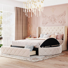 Queen Size Storage Velvet Bed Upholstered Platform with Wingback Headboard -Beige