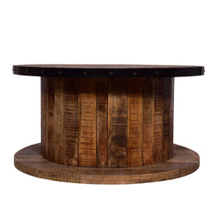Mango Wood Farmhouse Coffee Table with Rustic Plank Style Round Top and Base - Walnut and Natural Brown