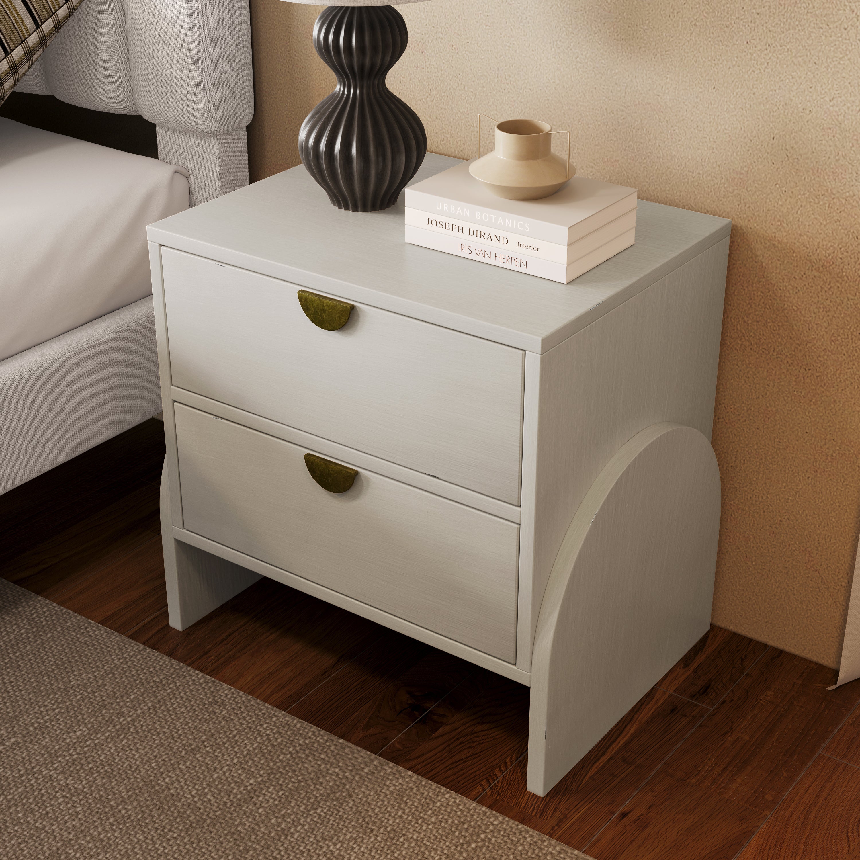 Retro Style Rubber Wood Venner Two-Drawer Bed Side Table Nightstand End Table - Antique White