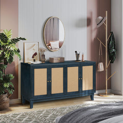 Softly Lacquer Finishes Accent Storage Cabinet Sideboard Wooden Cabinet with Antique Deep Blue 4Doors