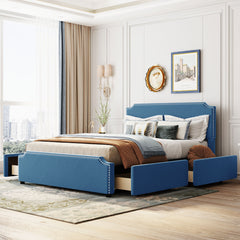 Queen Size Upholstered Bed with Stud Trim Headboard and Footboard and 4 Drawers - Velvet Blue