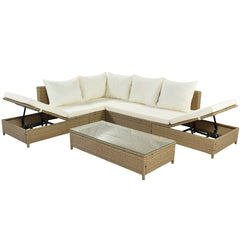 Patio 3-Piece Rattan Sofa Set All Weather - Natural Brown+ Beige Cushion