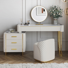 Makeup Vanity Set with LED Lighted Mirror, 5 Drawers, Modern Dressing Table Sintered Stone, Stool, 47.24''- White
