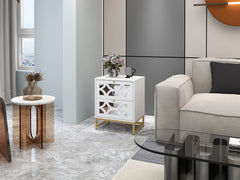 Small Bedside Table with 2 Drawers, White Mirrored Nightstand, with Gold Legs