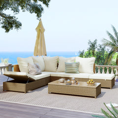 Patio 3-Piece Rattan Sofa Set All Weather - Natural Brown+ Beige Cushion