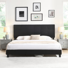 King Size Upholstered Bed Frame, Linen Fabric Headboard - Black