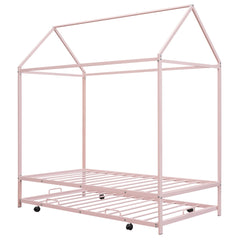 Twin Size Kids House Bed With Trundle, Metal House Bed Pink