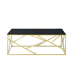 Modern Rectangular Coffee Accent Table with Black Tempered Glass Top and Stainless Steel Frame - Gold