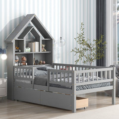 Twin Size DollHouse-Shaped Headboard with Fence Guardrails and Trundle - Gray