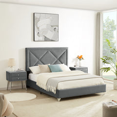 Upholstered Nightstand Classic Silver Rivet Elegant Button Tufted Design with two drawer and metal legs - Grey Velvet