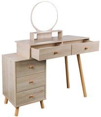 Makeup Vanity Table with Cushioned Stool, 5 Drawers, Large Round Mirror (31.5"-43.2“Lx15.8”Wx48.1”H) - Barnwood