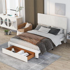 Queen Size Upholstery Platform Bed with One Drawer, Adjustable Headboard - Beige