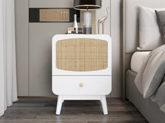 White Nightstand, Bedside Table with Storage Drawe/ Rattan Door