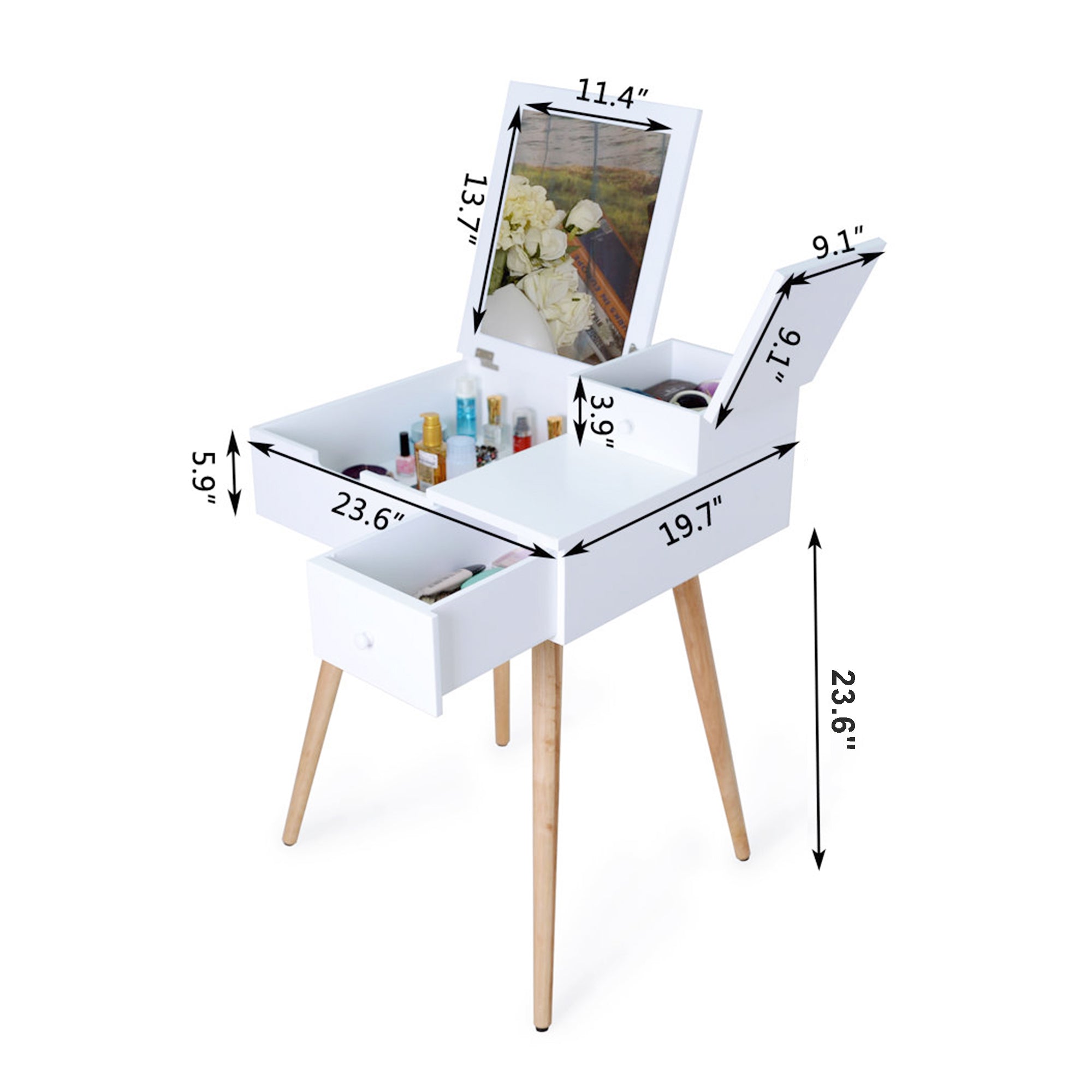 Vanity Table Makeup Desk with Flip Top Mirror and 2 Drawers - White