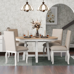 5-Piece Farmhouse Dining Table Set Wood Round Extendable Dining Table and 4 Dining Chairs - Oak Natural Wood + Antique White