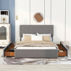 Queen Size Upholstery Platform Bed with Four Drawers on Two Sides,Adjustable Headboard - Grey