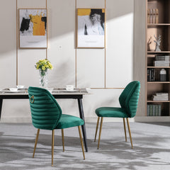 Modern Woven Velvet Upholstered Dining Chairs with Barrel Backrest and Gold Metal Legs (Set of 2) - Green