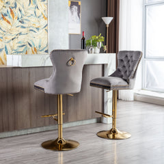 Modern Swivel Bar Stools Chair Adjustable (Set of 2) - Chrome Golden Base/ Grey