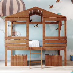 Twin Size Loft Wood House Bed with Two Drawers - Walnut
