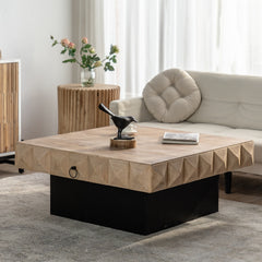 Three-dimensional Embossed Pattern Square Retro Coffee Table - Natural