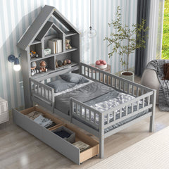 Twin Size DollHouse-Shaped Headboard with Fence Guardrails and Trundle - Gray