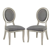 Set of 2 Padded Gray Fabric Dining Chairs in Antique White Finish