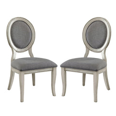 Set of 2 Padded Gray Fabric Dining Chairs in Antique White Finish