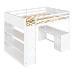 Full Size Loft Bed with Ladder, Shelves and Desk - White