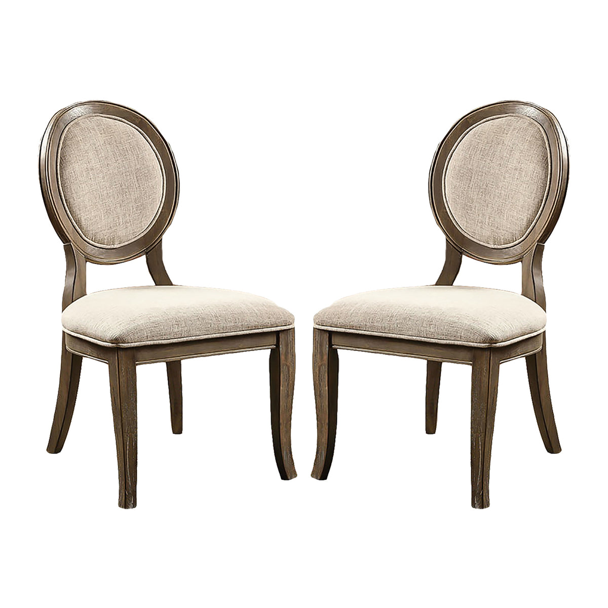 Set of 2 Padded Beige Fabric Dining Chairs in Rustic Oak Finish