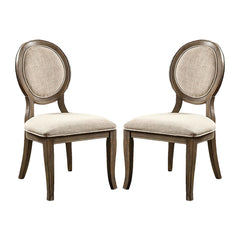 Set of 2 Padded Beige Fabric Dining Chairs in Rustic Oak Finish