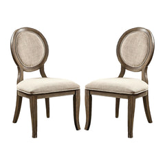 Set of 2 Padded Beige Fabric Dining Chairs in Rustic Oak Finish