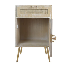 Wooden Nightstand with Rattan Panel, One Drawer, One Cabinet and Metal Feet - Natural
