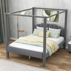 Queen Size Upholstery Canopy Platform Bed with Headboard,Support Legs - Gray