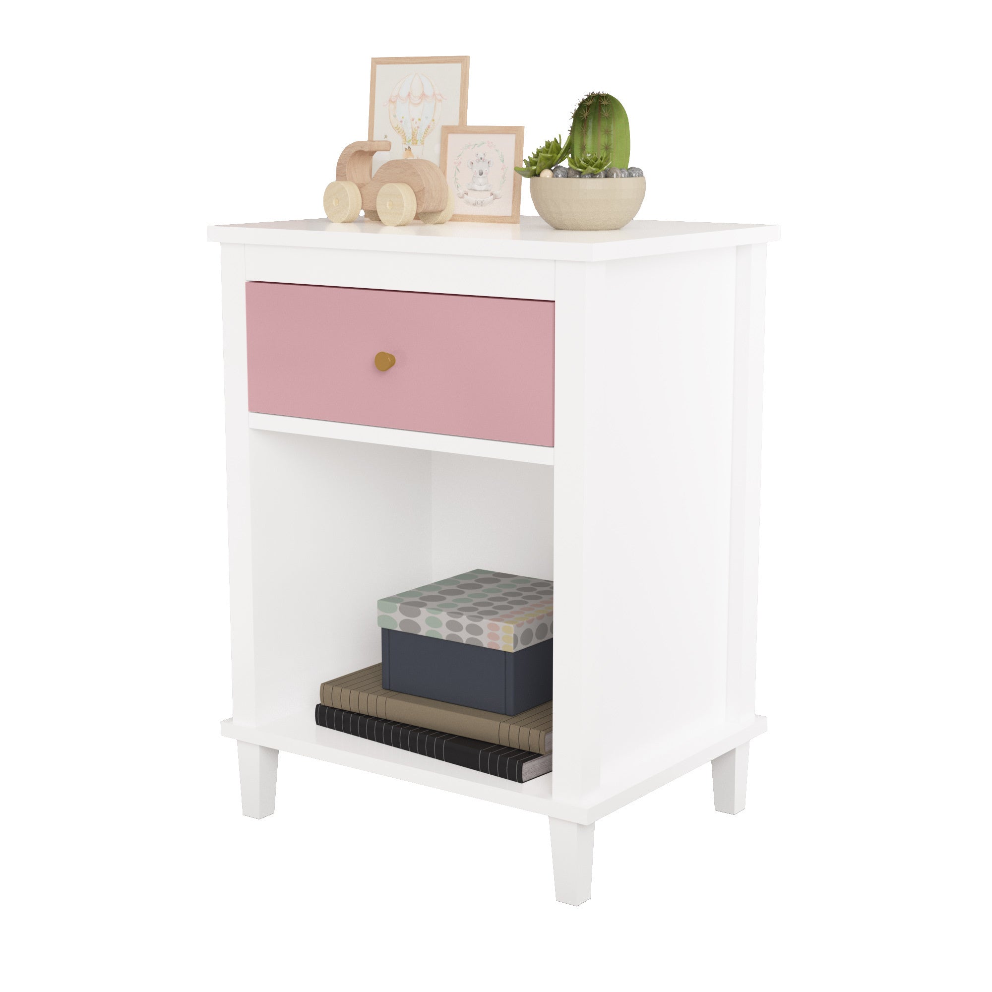 Wooden Nightstand with One Drawer One Shelf for Kids - Pink