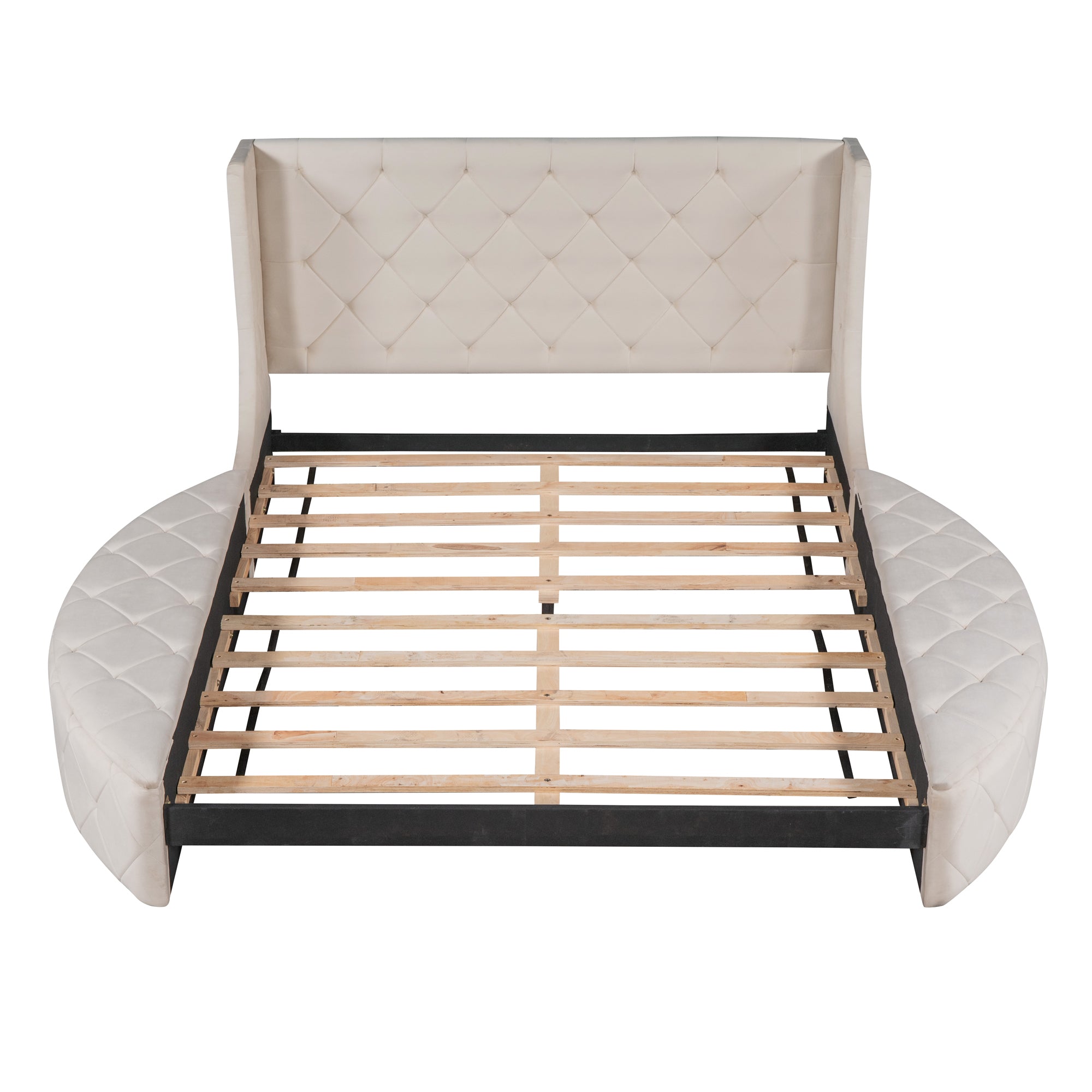 Queen Size Storage Velvet Bed Upholstered Platform with Wingback Headboard -Beige