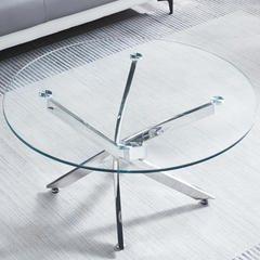 Modern Round Tempered Glass Coffee Table with Chrome Legs - Silver